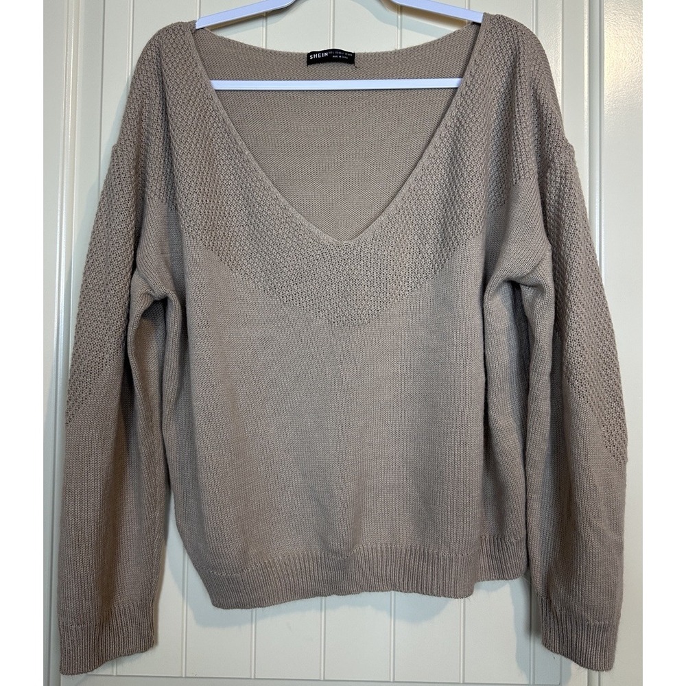 Shein Sweater beige tan crochet accent v-neck lightweight sweater sz L GUC